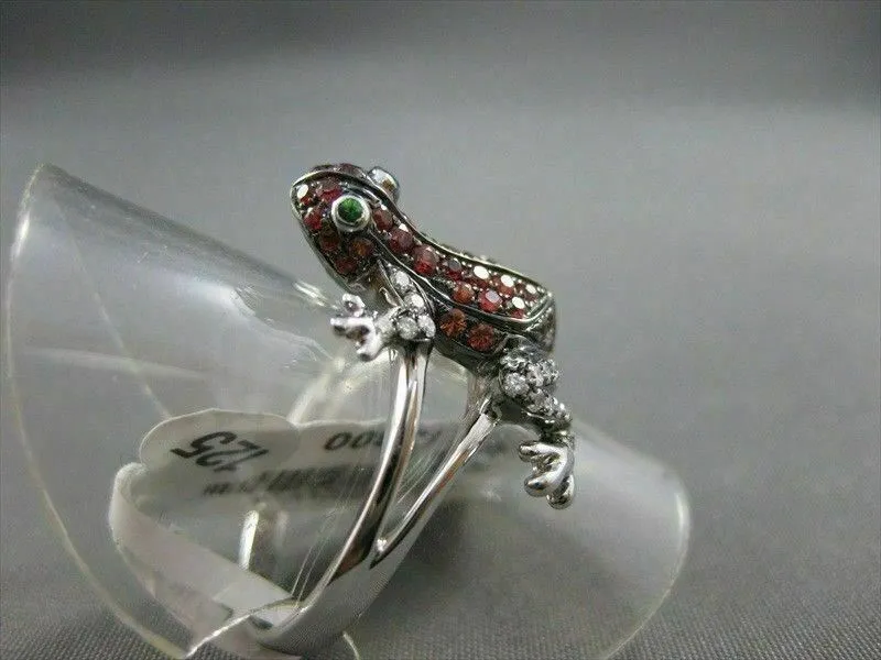 ESTATE WIDE .84CTW EMERALD GARNET & DIAMOND 18KT WHITE GOLD FUN FROG RING