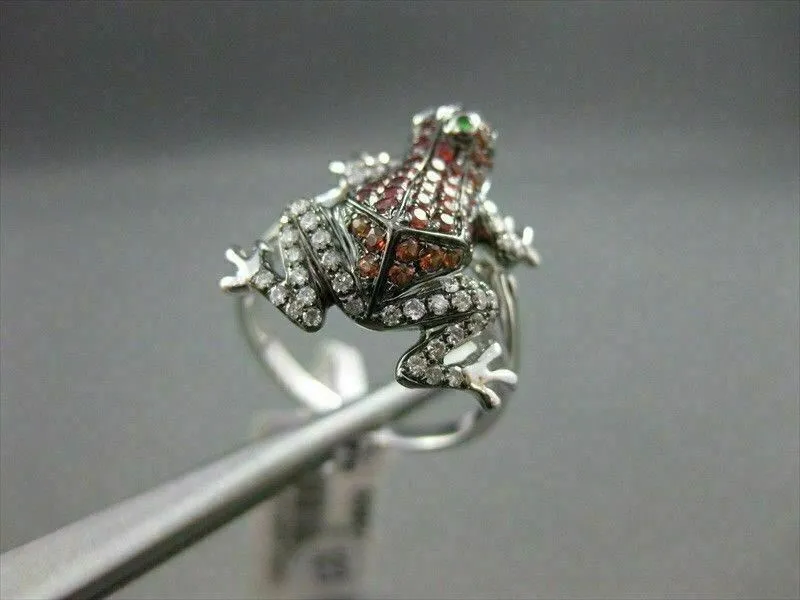 ESTATE WIDE .84CTW EMERALD GARNET & DIAMOND 18KT WHITE GOLD FUN FROG RING