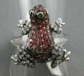 ESTATE WIDE .84CTW EMERALD GARNET & DIAMOND 18KT WHITE GOLD FUN FROG RING
