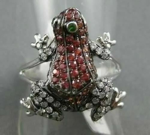 ESTATE WIDE .84CTW EMERALD GARNET & DIAMOND 18KT WHITE GOLD FUN FROG RING