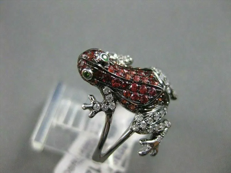ESTATE WIDE .84CTW EMERALD GARNET & DIAMOND 18KT WHITE GOLD FUN FROG RING