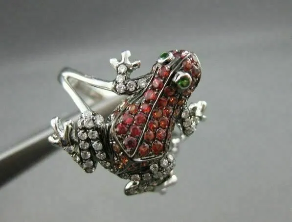 ESTATE WIDE .84CTW EMERALD GARNET & DIAMOND 18KT WHITE GOLD FUN FROG RING