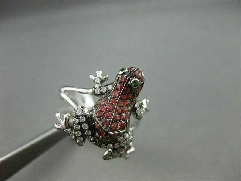 ESTATE WIDE .84CTW EMERALD GARNET & DIAMOND 18KT WHITE GOLD FUN FROG RING