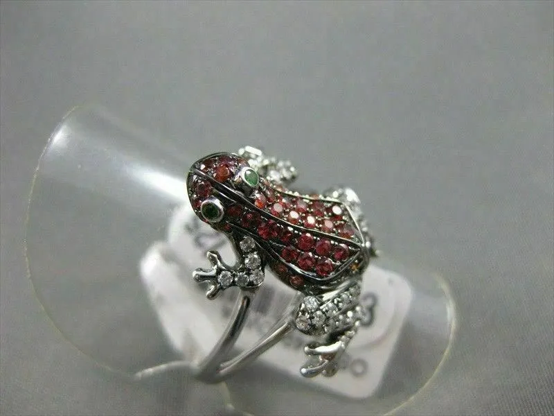 ESTATE WIDE .84CTW EMERALD GARNET & DIAMOND 18KT WHITE GOLD FUN FROG RING