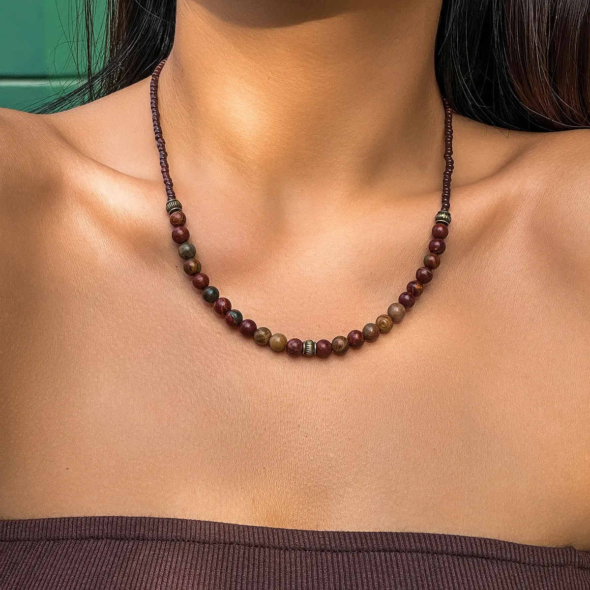 Ethnic Style Turquoise Beaded Necklace with Round Bead Splicing