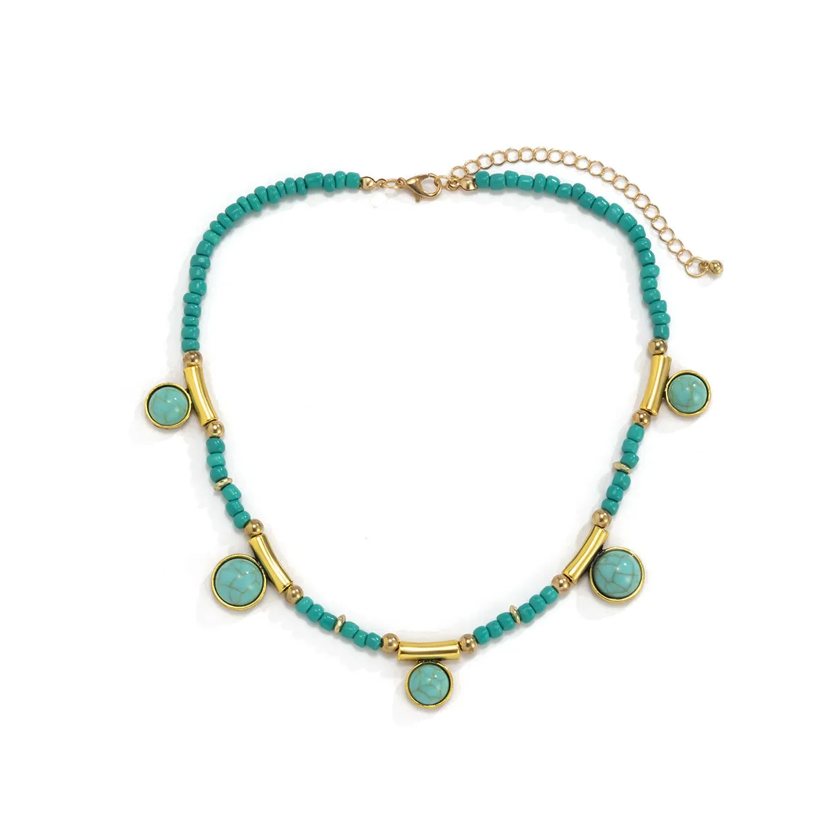 European and American Boho Turquoise Tassel Necklace with Colorful Beads and Alloy Pendant - Pastel Countryside Neckpiece