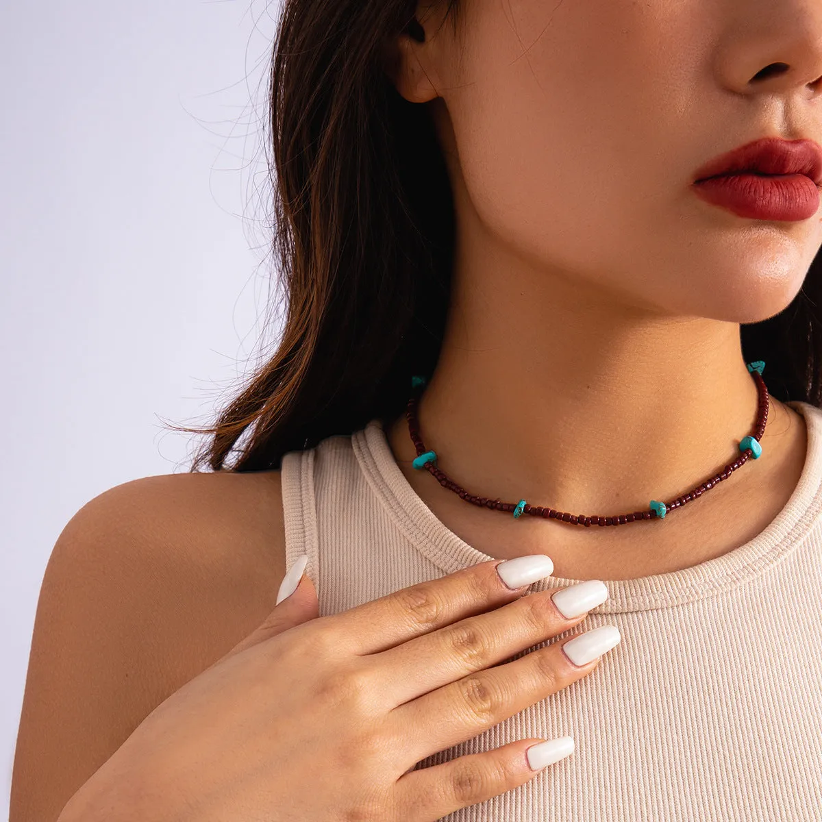 European and American Style Handmade Necklace with Mixed Rice Beads and Turquoise Stones