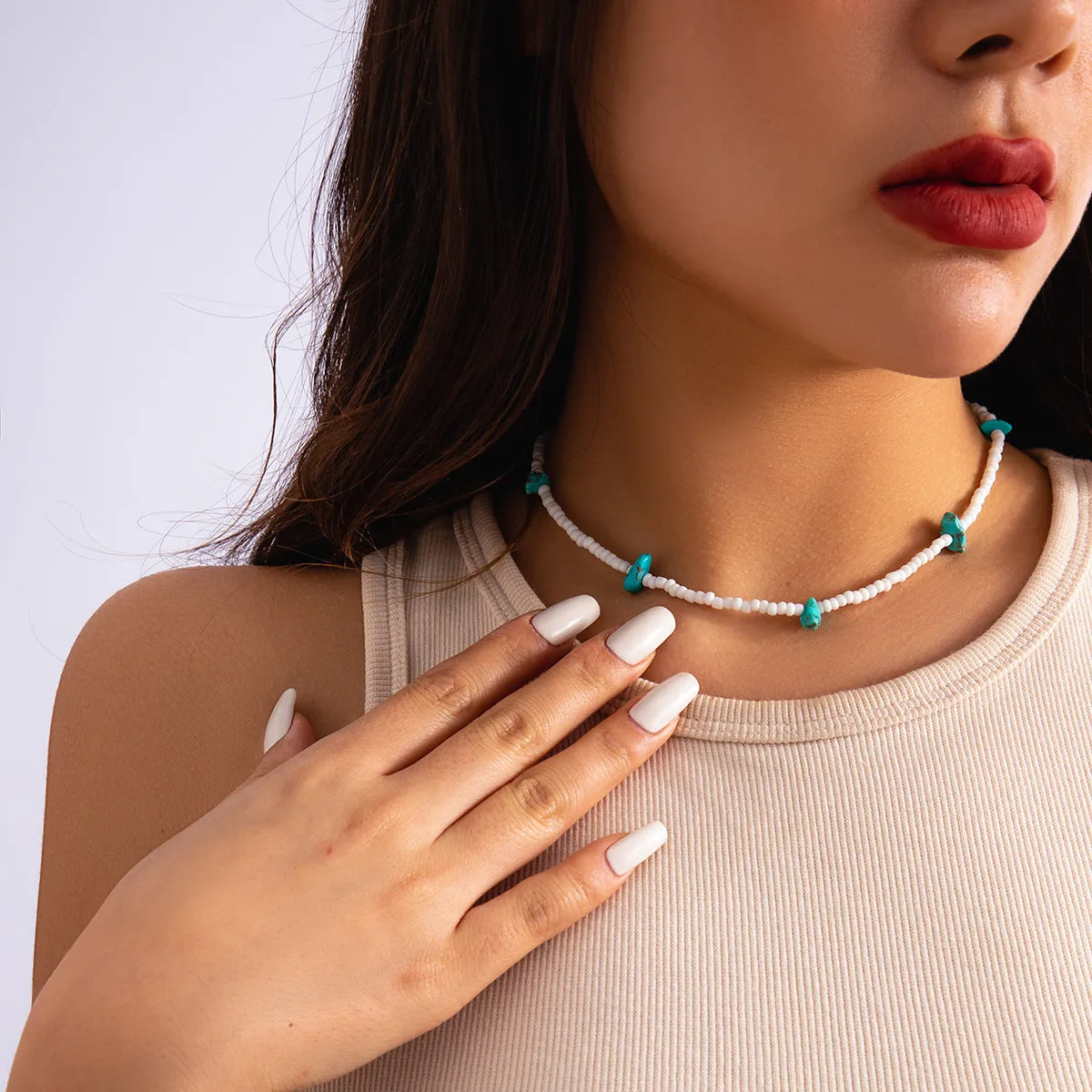 European and American Style Handmade Necklace with Mixed Rice Beads and Turquoise Stones