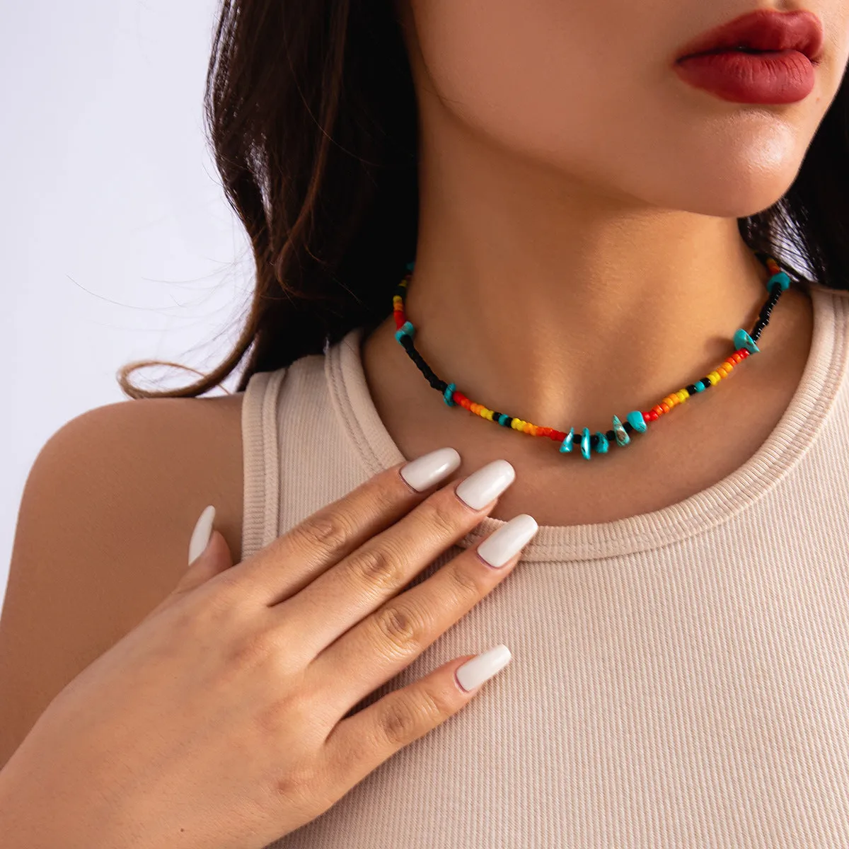 European and American Style Handmade Necklace with Mixed Rice Beads and Turquoise Stones