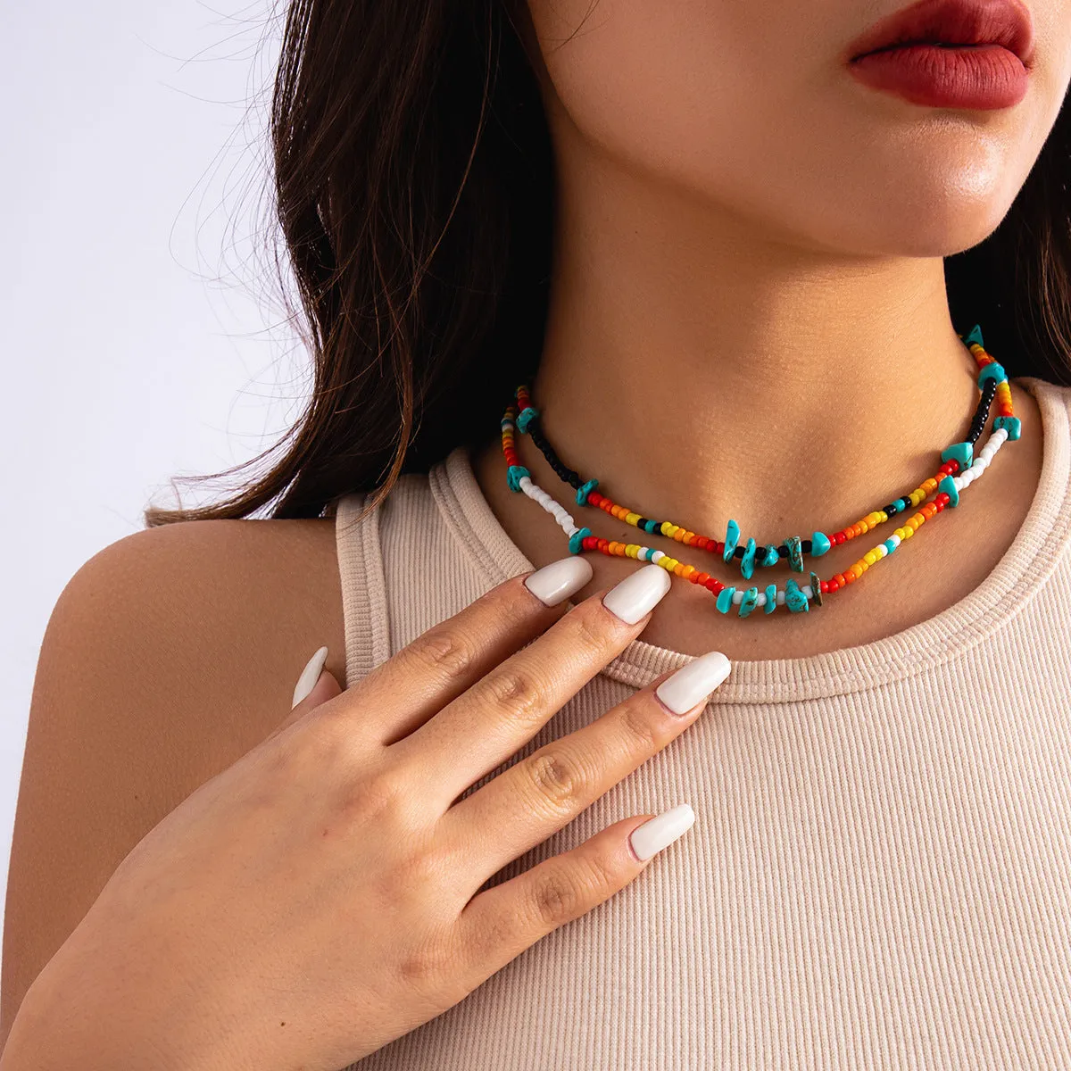 European and American Style Handmade Necklace with Mixed Rice Beads and Turquoise Stones