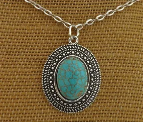 Faux Turquoise & Silver Tone Pendant Necklace