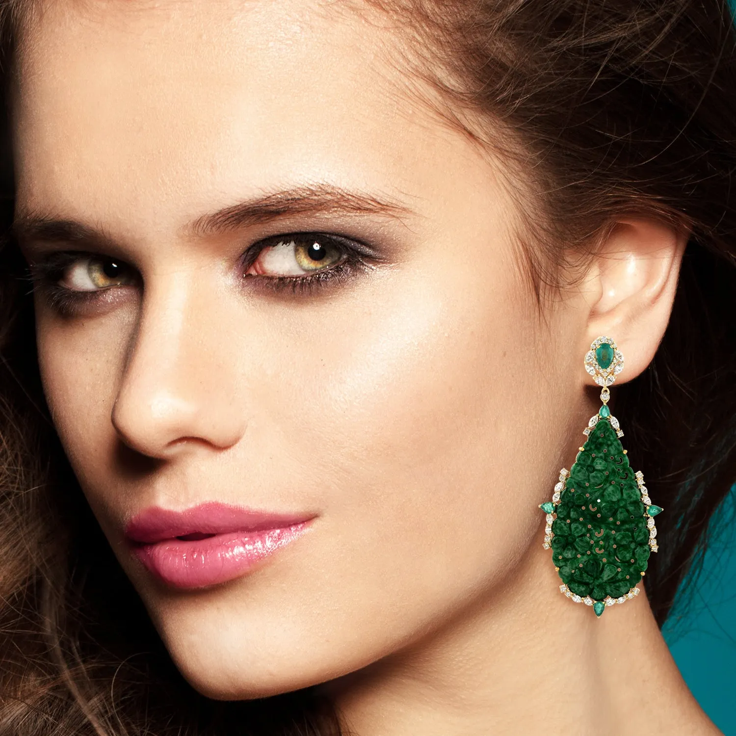 Floral Carved Jade Pear Emerald Marquise Diamond Beautiful Dangler In 18k Yellow Gold