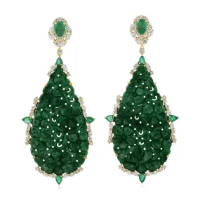 Floral Carved Jade Pear Emerald Marquise Diamond Beautiful Dangler In 18k Yellow Gold