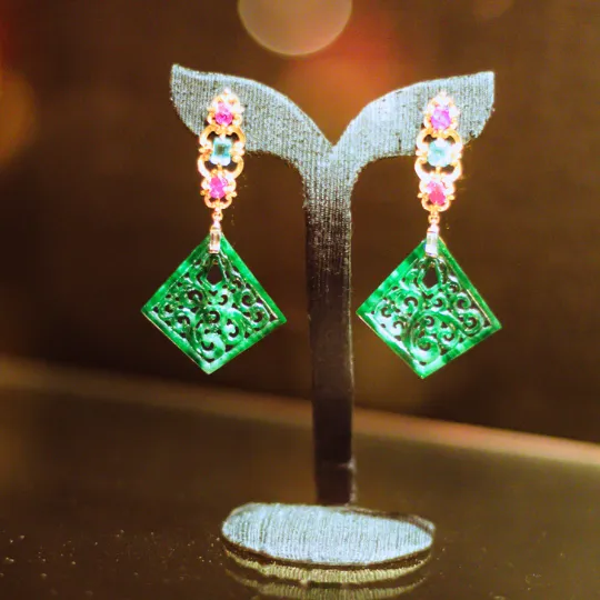 Flying Kite Jade Earrings with Diamonds, Emeralds, and Rubies