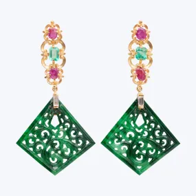 Flying Kite Jade Earrings with Diamonds, Emeralds, and Rubies