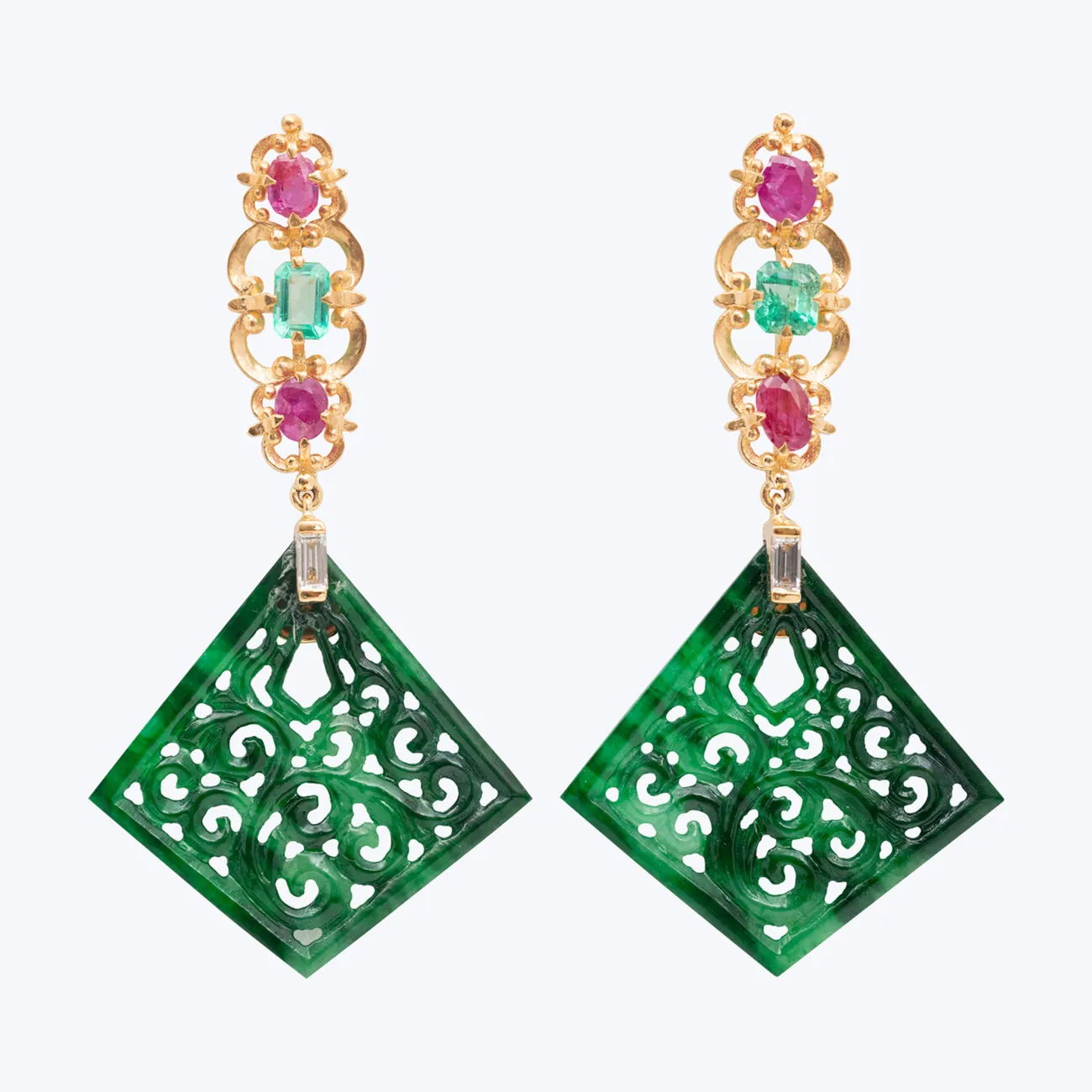 Flying Kite Jade Earrings with Diamonds, Emeralds, and Rubies