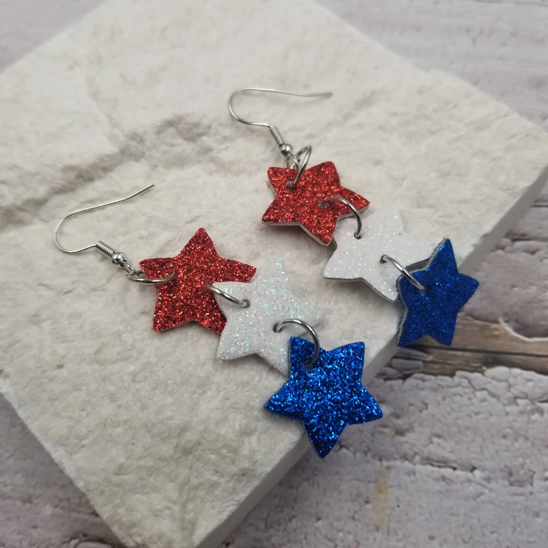 Fourth of July Metallic Stars Leather Drop Earrings