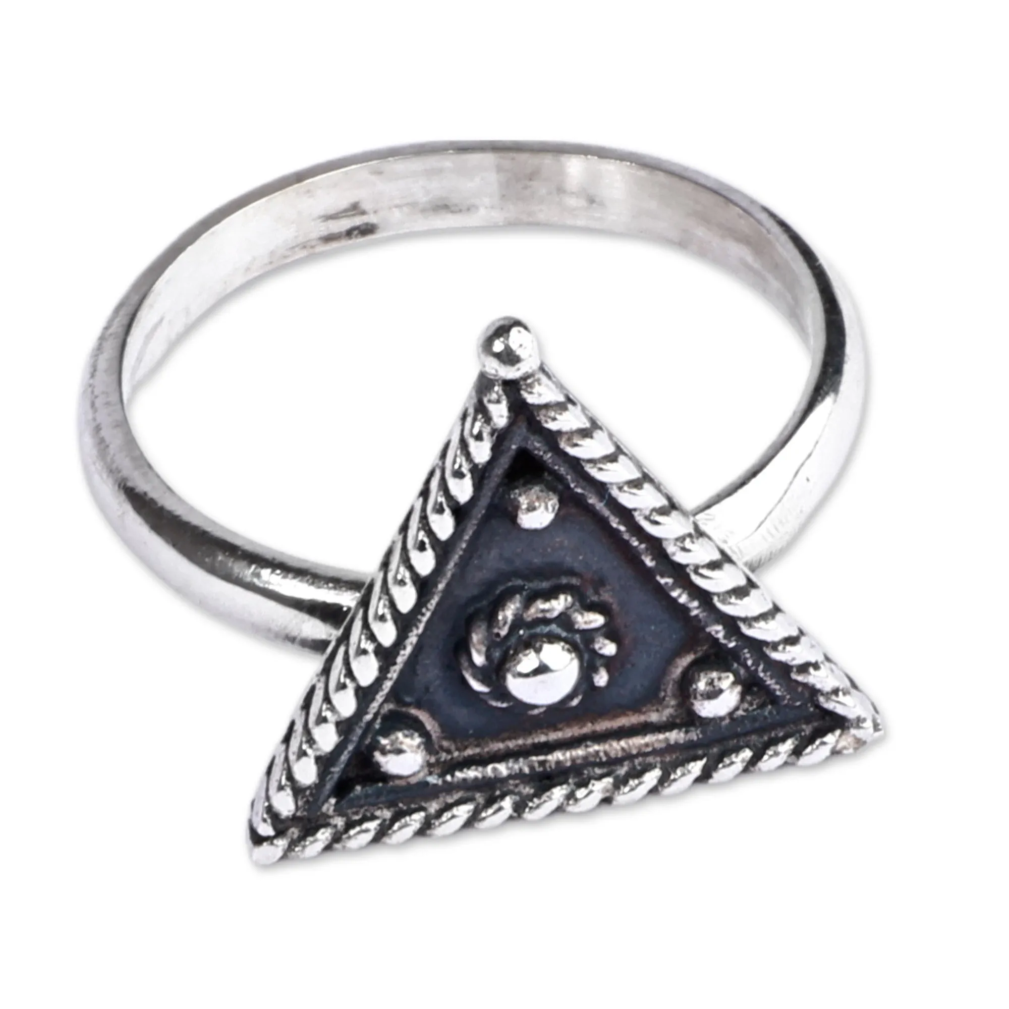 Geometric Oxidized Sterling Silver Cocktail Ring - Three Sides | NOVICA