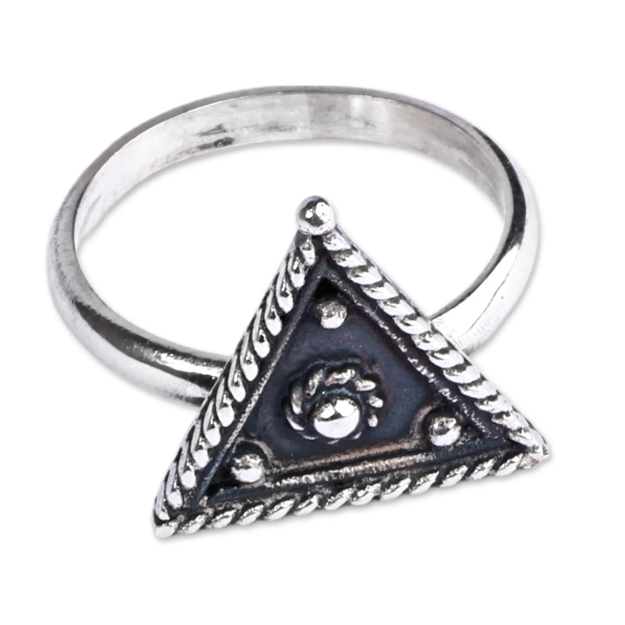 Geometric Oxidized Sterling Silver Cocktail Ring - Three Sides | NOVICA