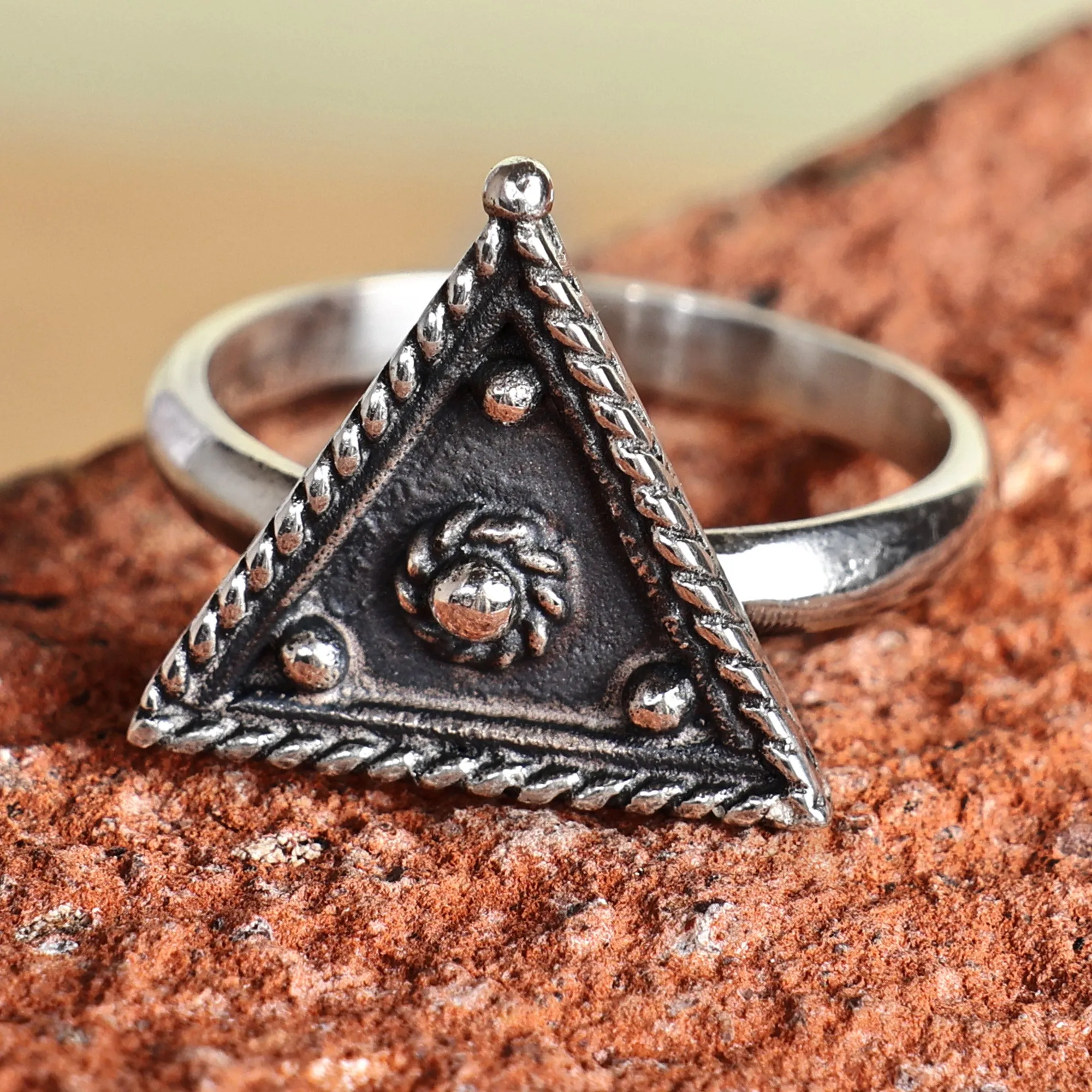 Geometric Oxidized Sterling Silver Cocktail Ring - Three Sides | NOVICA
