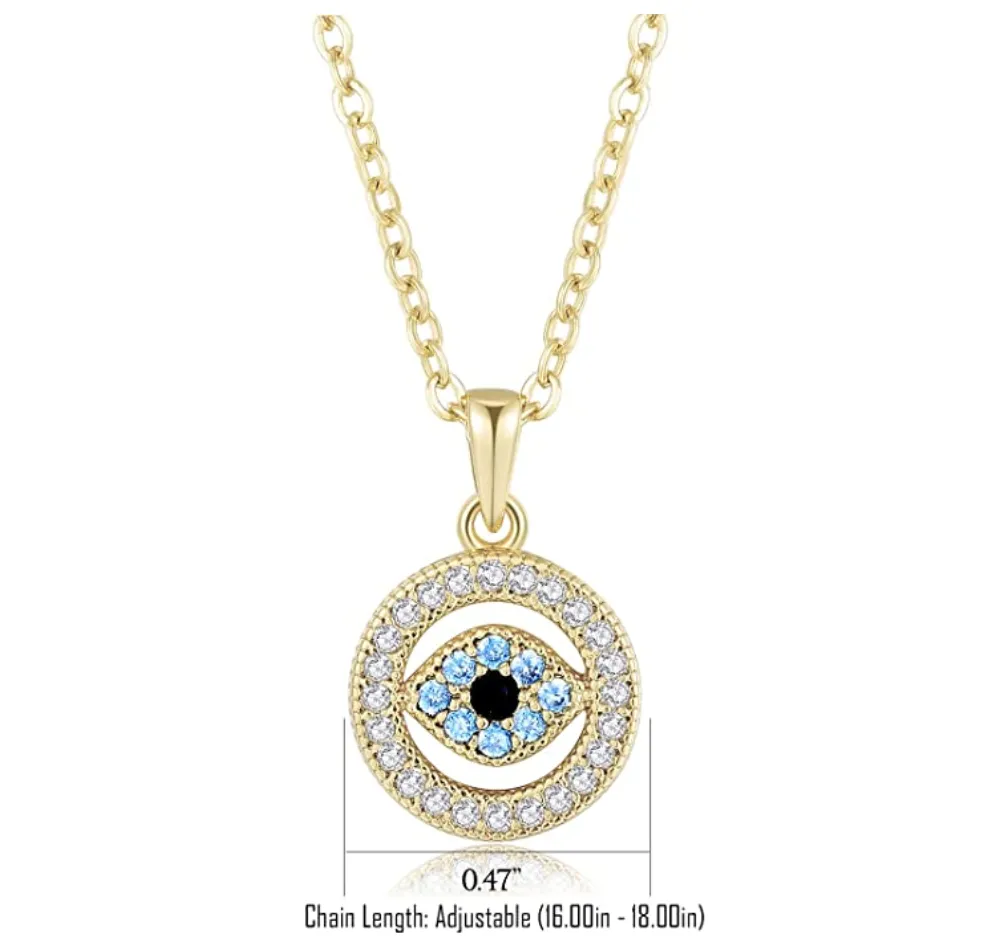 Gold Blue Evil Eye Diamond Jewish Necklace Yoga Jewelry Islamic Muslim Gift Chain 18in.