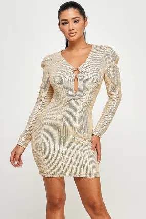 Gold Long Sleeve Sequin Dress With Ring Detail