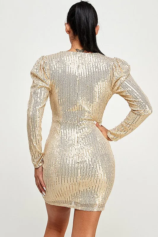 Gold Long Sleeve Sequin Dress With Ring Detail