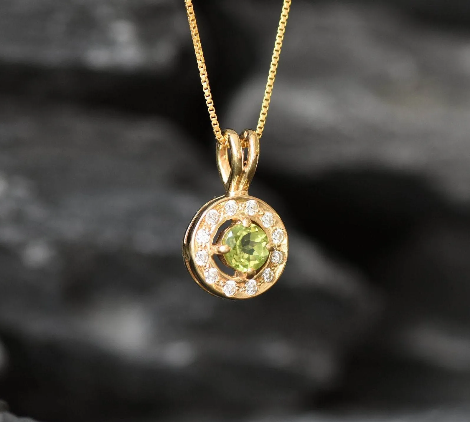 Gold Peridot Pendant - Natural Peridot Necklace, Round Dainty Green Pendant