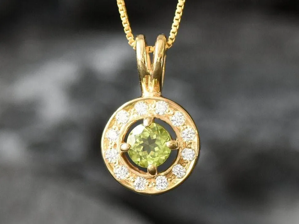Gold Peridot Pendant - Natural Peridot Necklace, Round Dainty Green Pendant