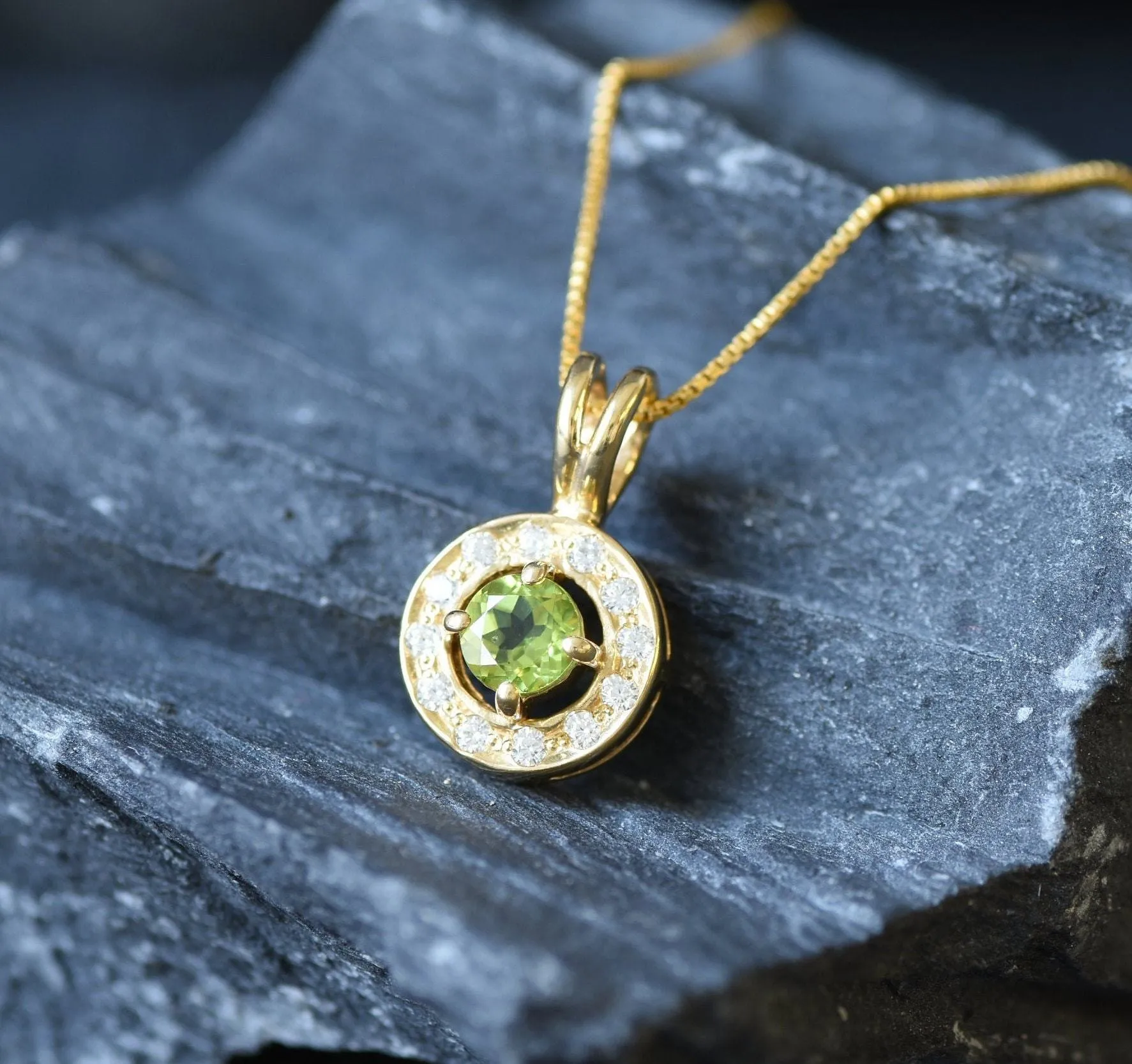 Gold Peridot Pendant - Natural Peridot Necklace, Round Dainty Green Pendant
