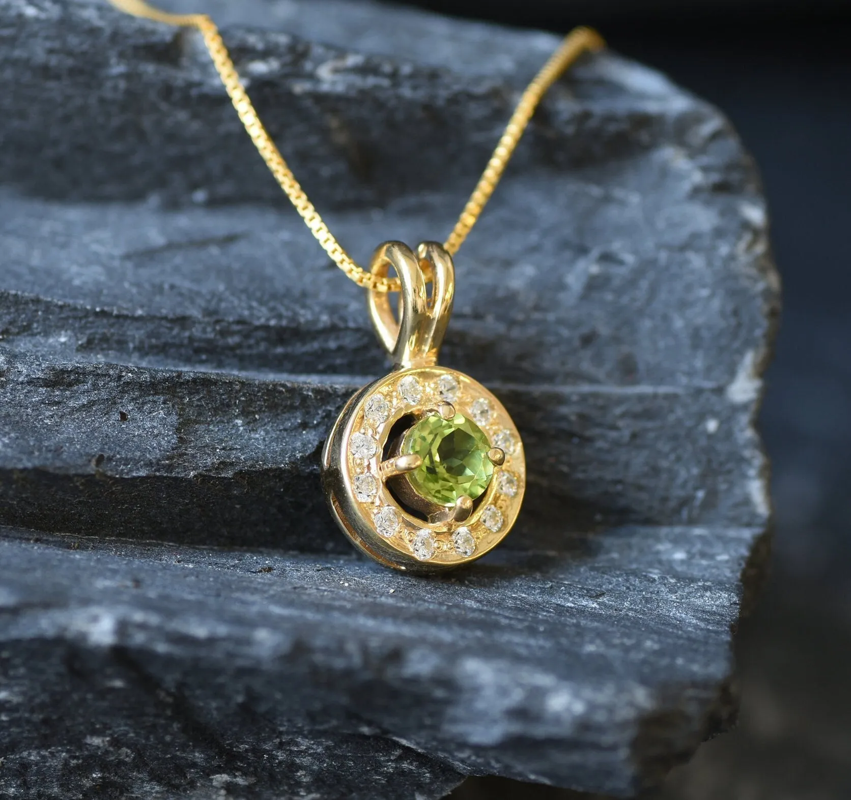 Gold Peridot Pendant - Natural Peridot Necklace, Round Dainty Green Pendant