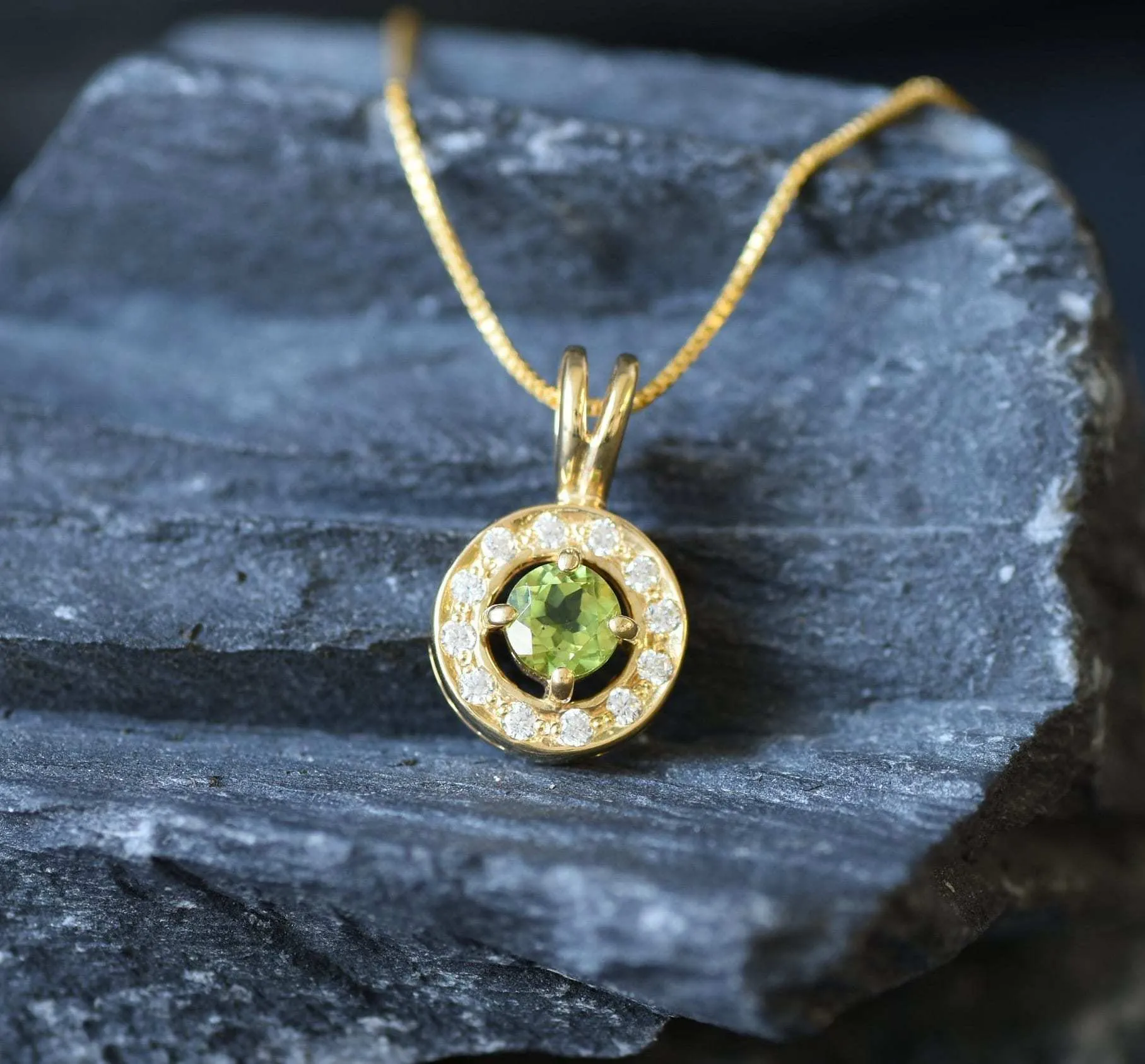 Gold Peridot Pendant - Natural Peridot Necklace, Round Dainty Green Pendant