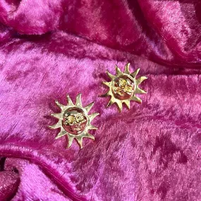 Gold Sun Face Starburst Pierced Stud Earring