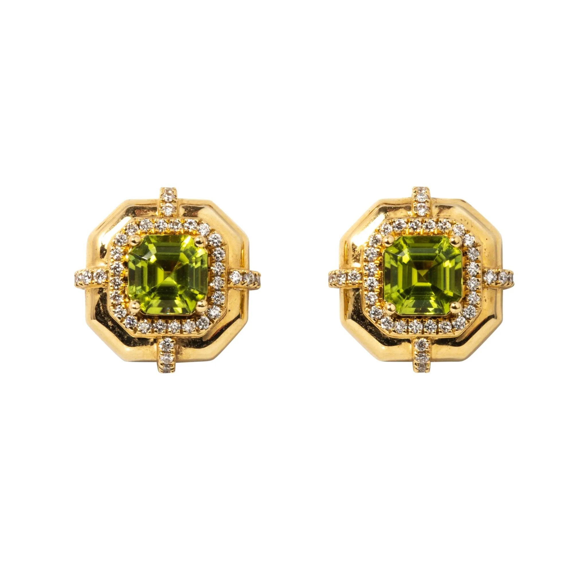 Goshwara Asscher Cut Peridot & Diamond 18K Yellow Gold Stud Earrings