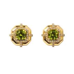 Goshwara Asscher Cut Peridot & Diamond 18K Yellow Gold Stud Earrings