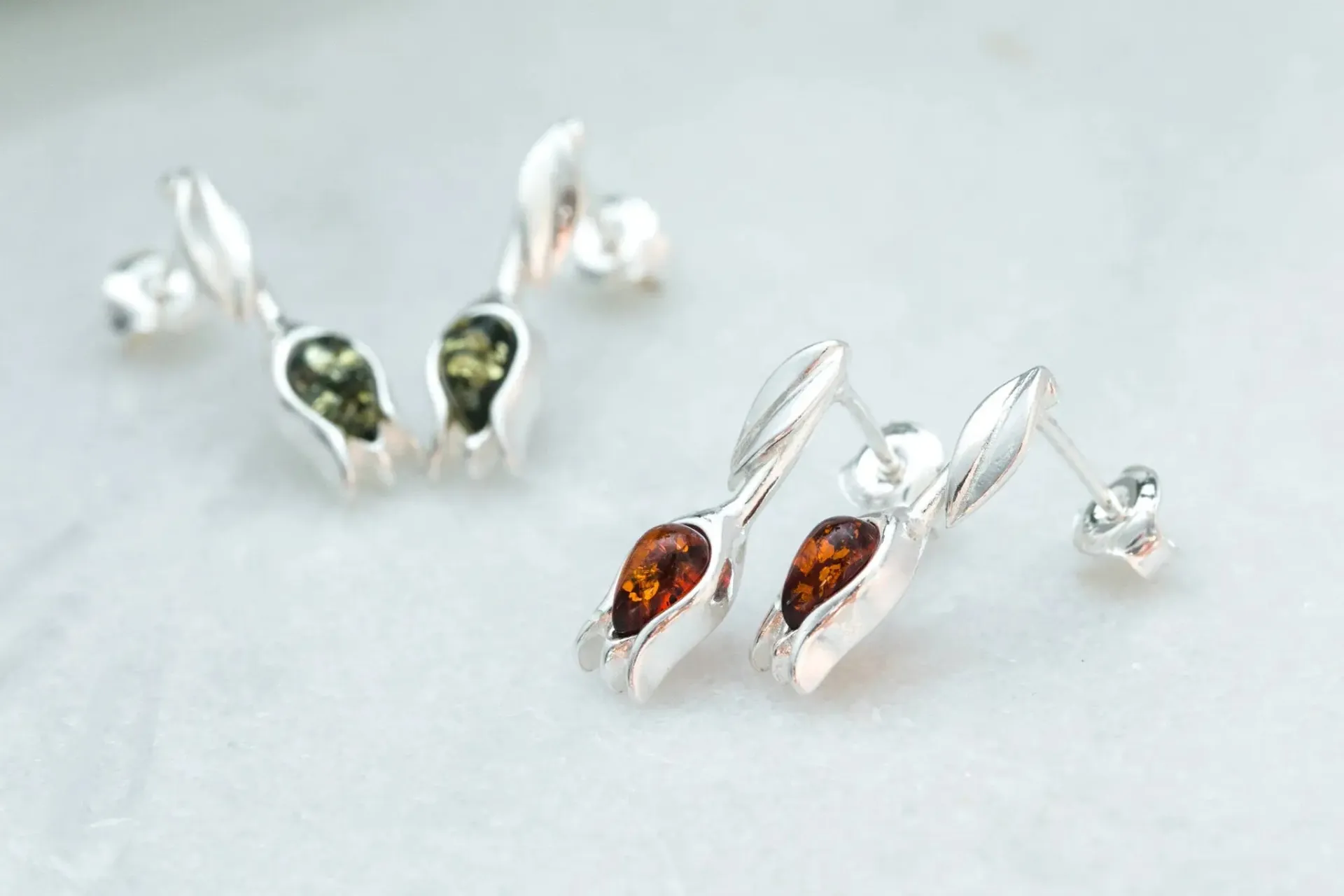 Green Amber Tulip Stud Earrings - Handcrafted Sterling Silver and Baltic Amber
