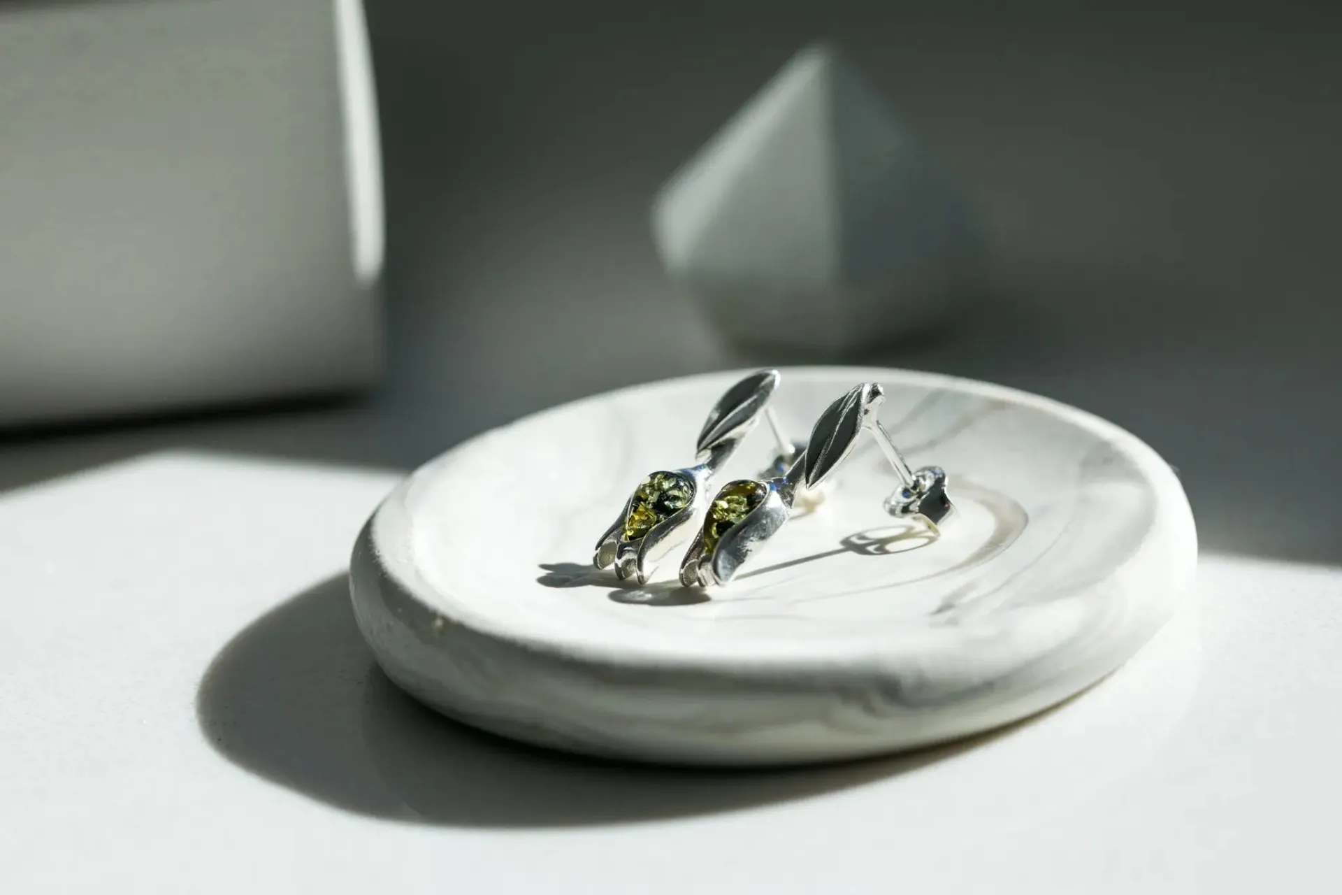 Green Amber Tulip Stud Earrings - Handcrafted Sterling Silver and Baltic Amber