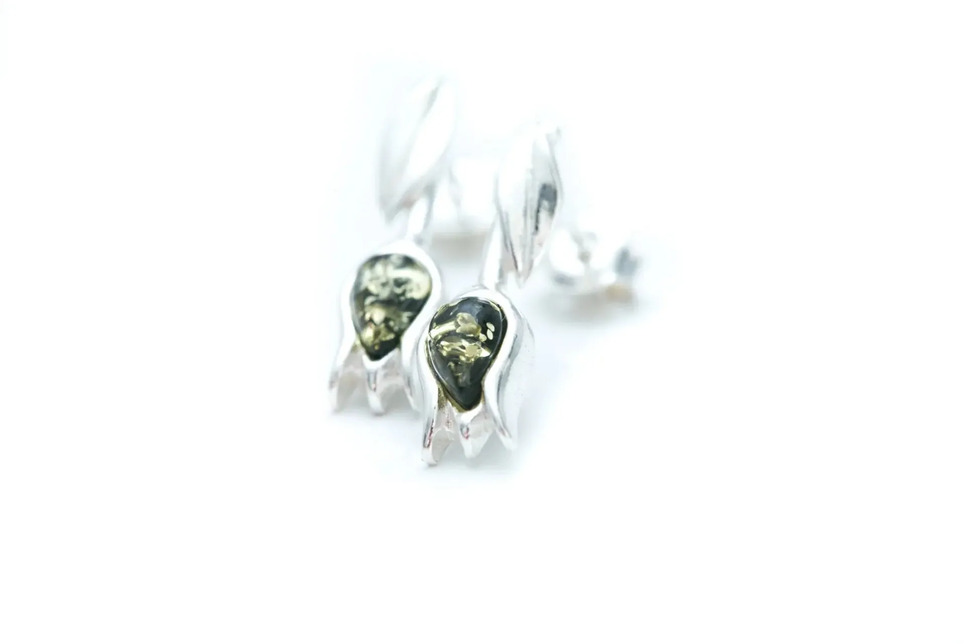 Green Amber Tulip Stud Earrings - Handcrafted Sterling Silver and Baltic Amber