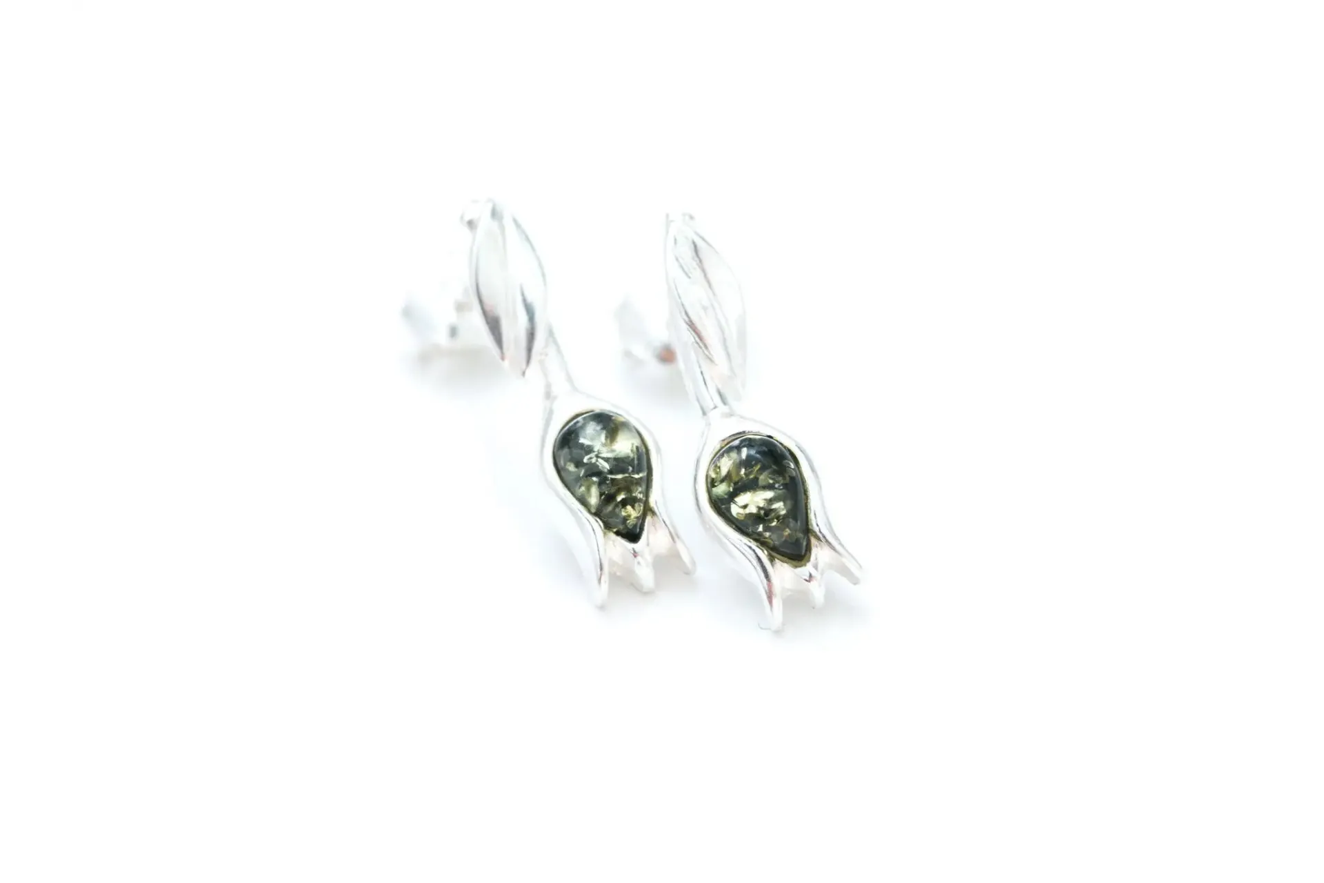 Green Amber Tulip Stud Earrings - Handcrafted Sterling Silver and Baltic Amber