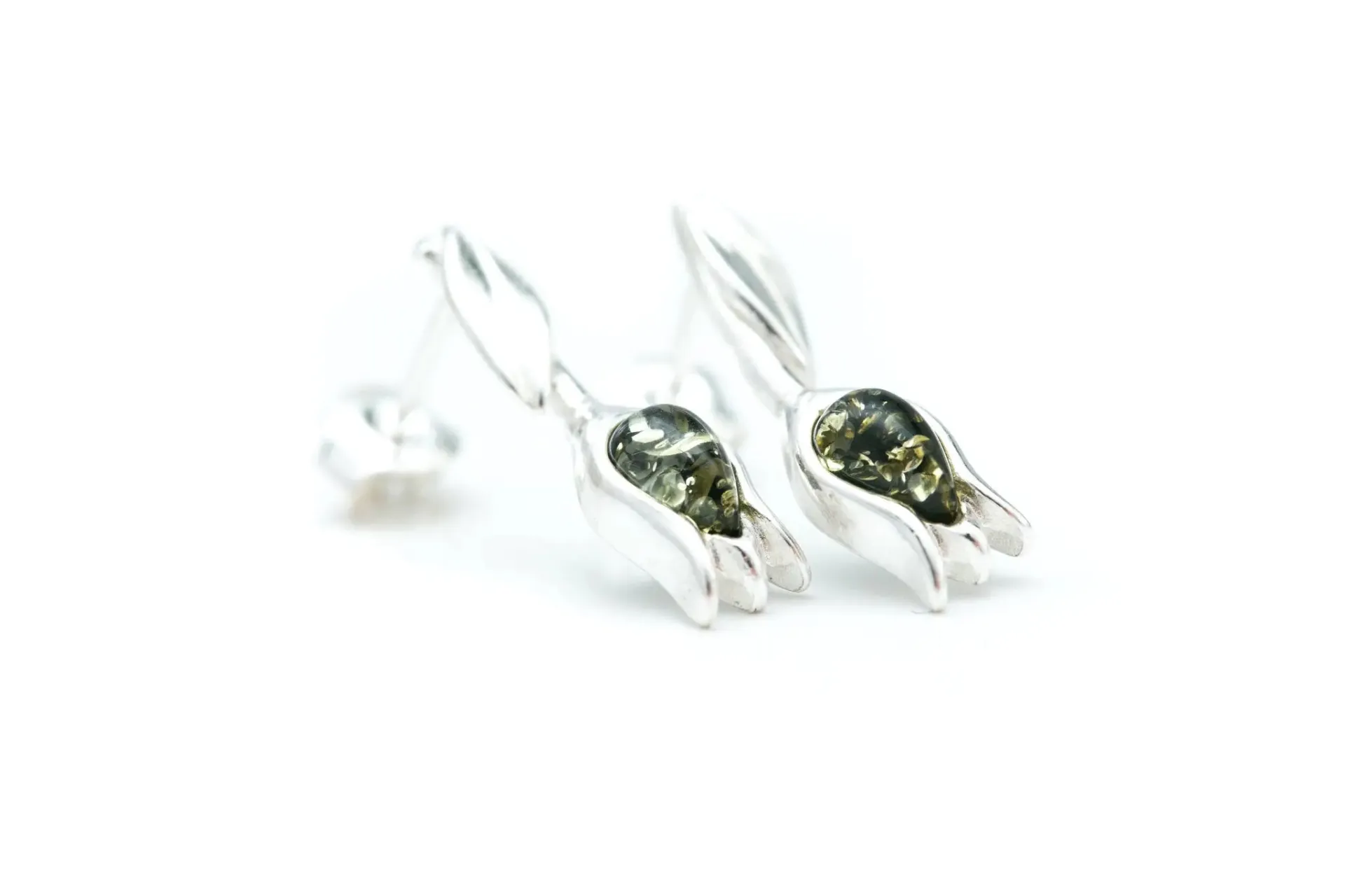 Green Amber Tulip Stud Earrings - Handcrafted Sterling Silver and Baltic Amber