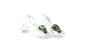 Green Amber Tulip Stud Earrings - Handcrafted Sterling Silver and Baltic Amber