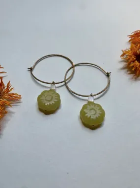 Green Olive Jade Flower Hoop Earrings