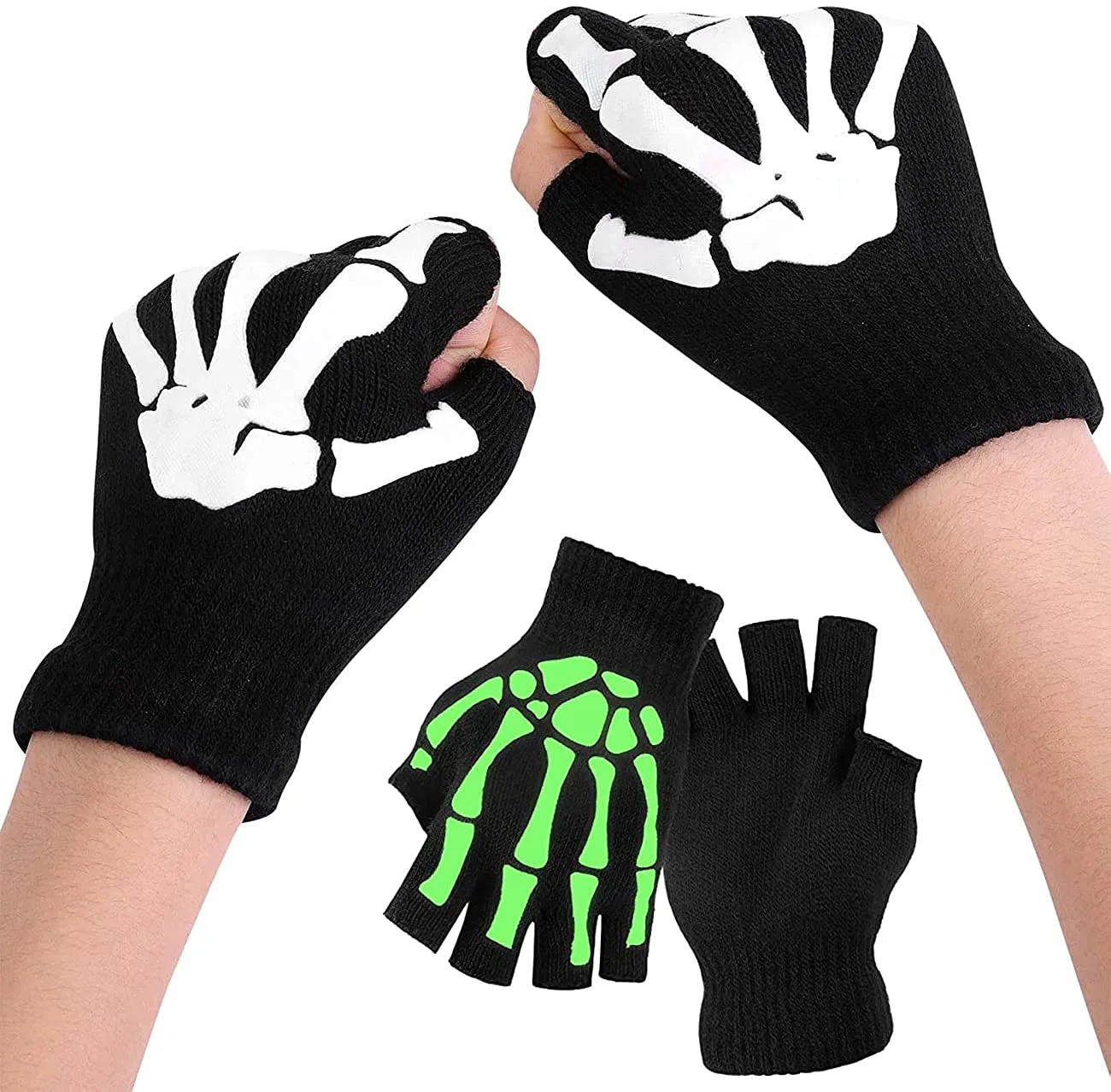 Halloween gloves, Night half finger gloves, Knitted night light gloves