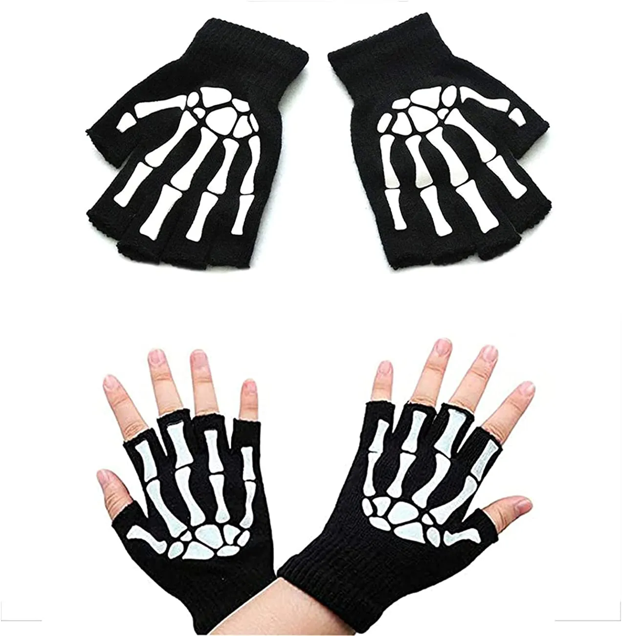 Halloween gloves, Night half finger gloves, Knitted night light gloves