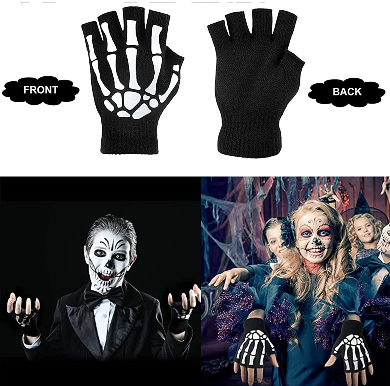 Halloween gloves, Night half finger gloves, Knitted night light gloves