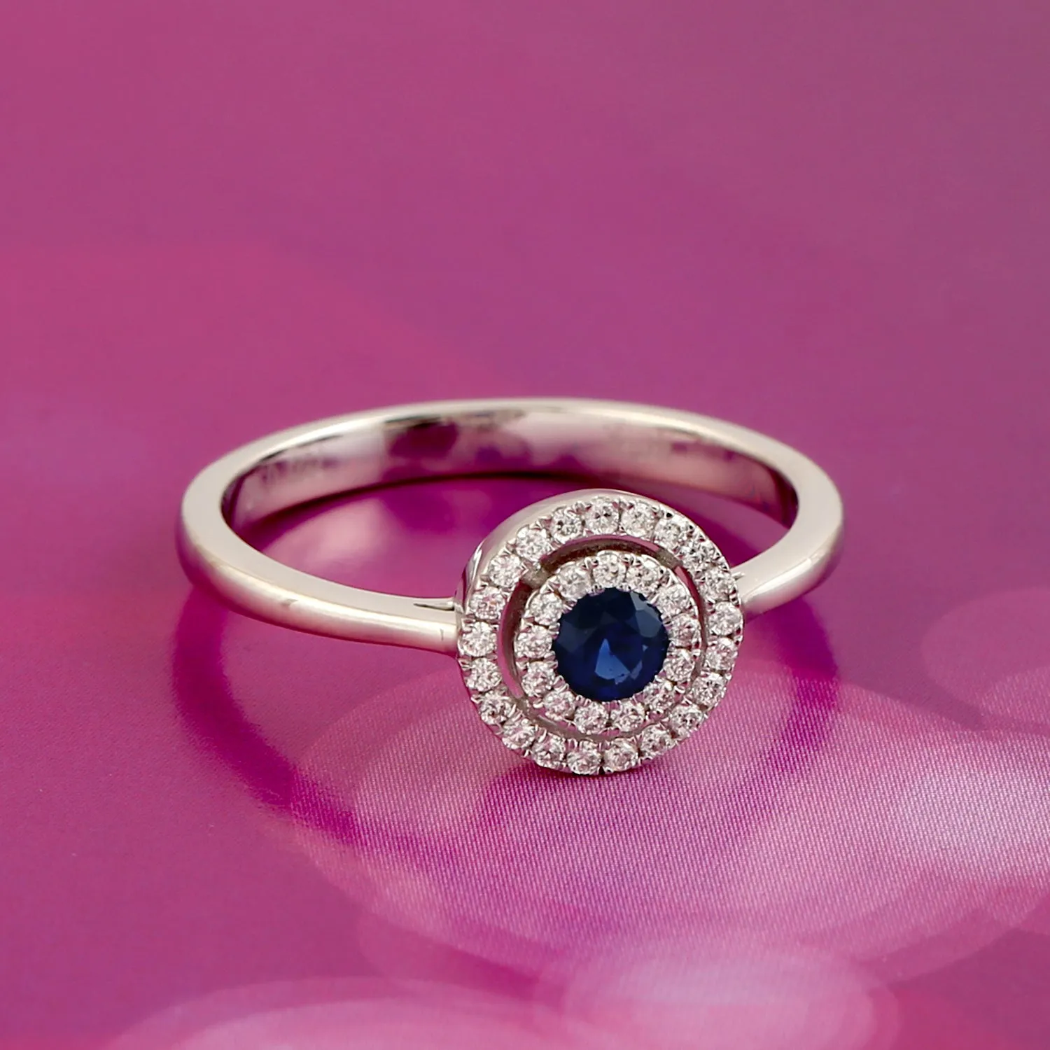 Handmade 14k White Gold Blue Sapphire Pave Diamond Precious Stone Halo Ring For Women
