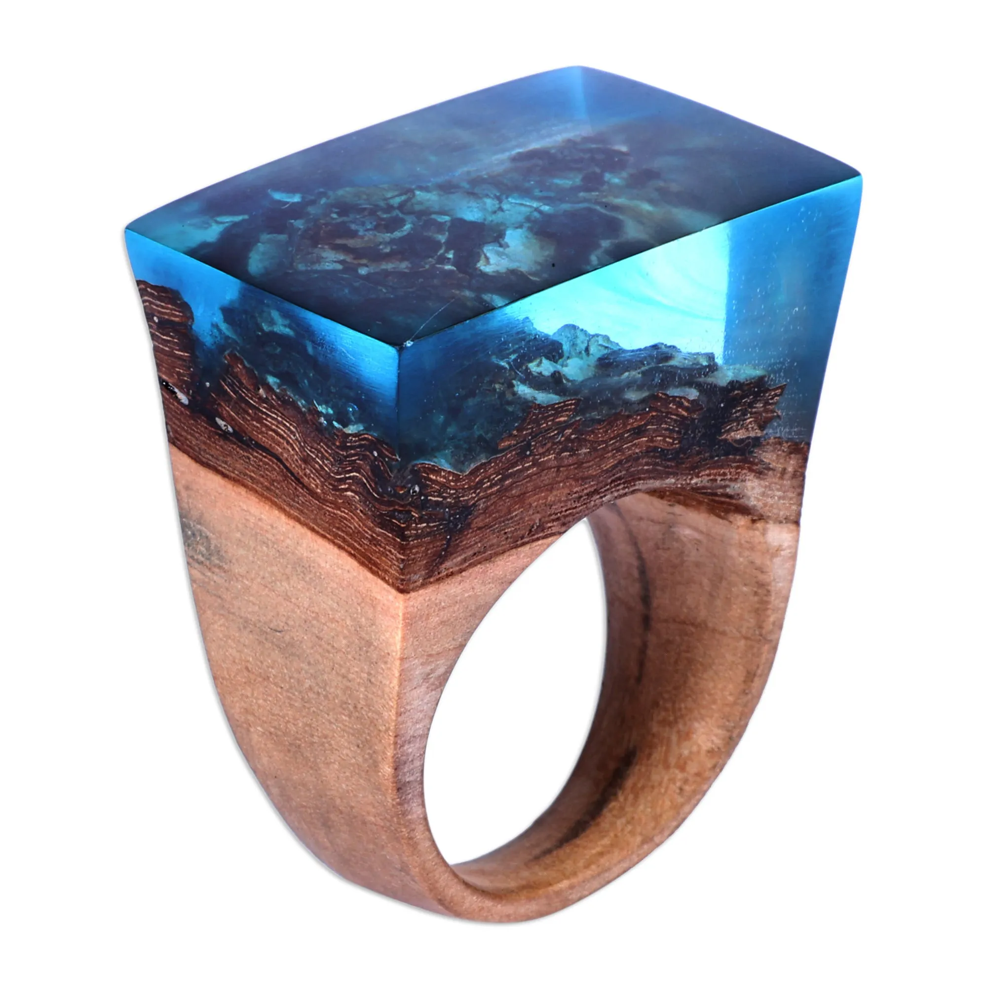 Handmade Blue Nature-Themed Resin and Pearwood Cocktail Ring - Dream Lake | NOVICA