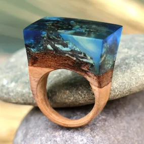 Handmade Blue Nature-Themed Resin and Pearwood Cocktail Ring - Dream Lake | NOVICA