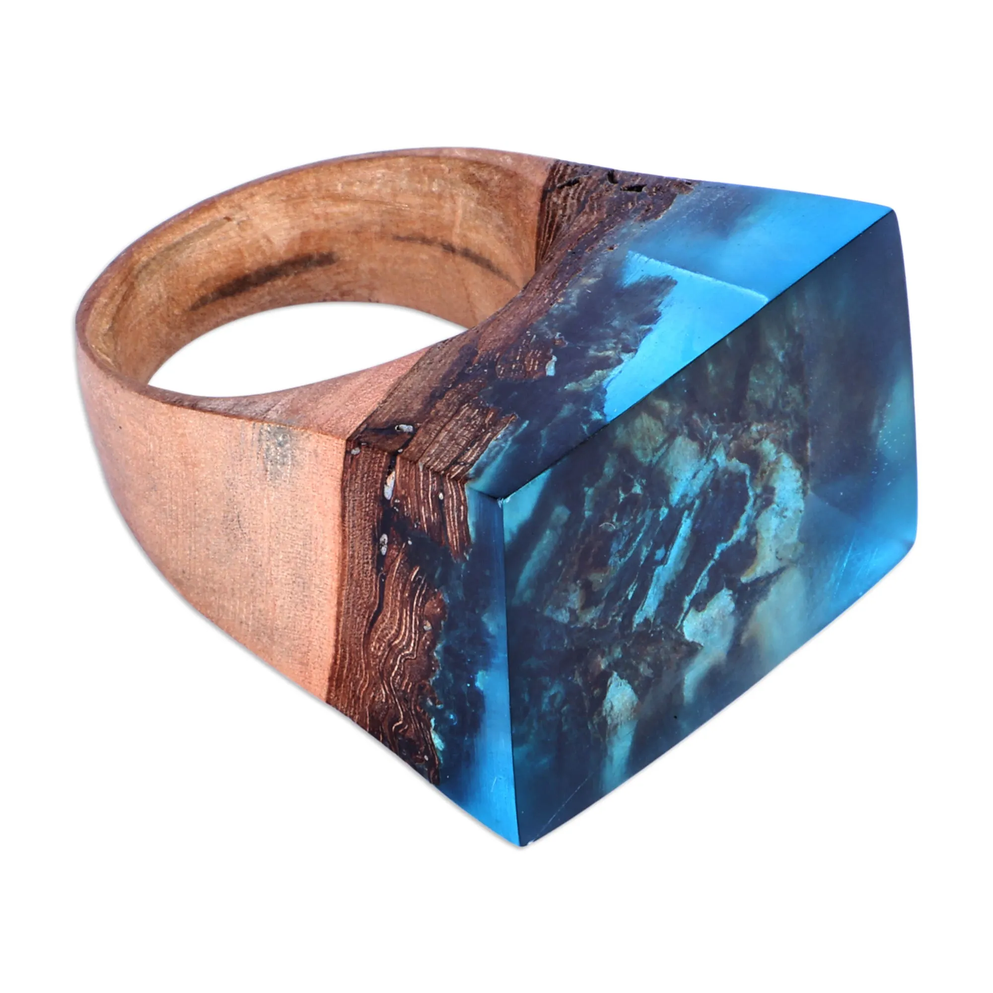 Handmade Blue Nature-Themed Resin and Pearwood Cocktail Ring - Dream Lake | NOVICA