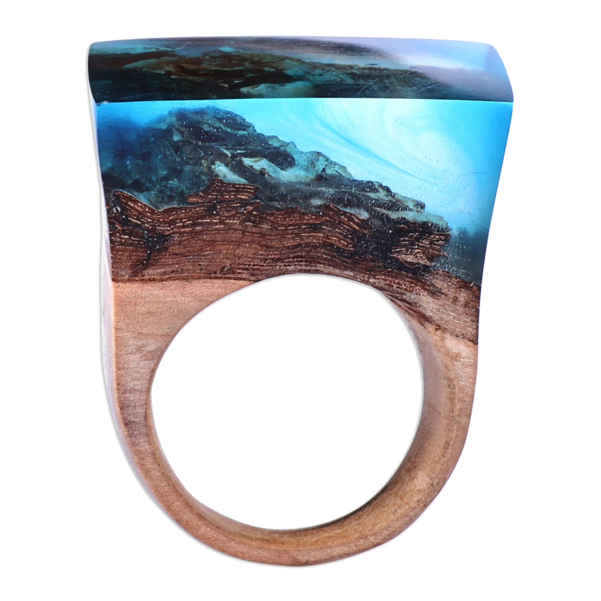 Handmade Blue Nature-Themed Resin and Pearwood Cocktail Ring - Dream Lake | NOVICA